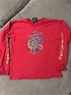 Vtg Y2K Top Heavy Long Sleeve Shirt Dragon Iron Cross Faded Red Youth Large